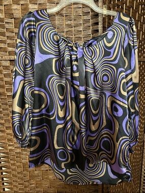 zinc Abstract Swirl Satin Blouse in Black, Purple & Tan